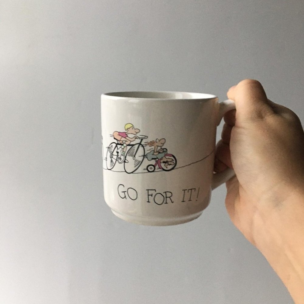 Vintage "Go For It!" Bicyclist Ceramic Mug - 1980s
